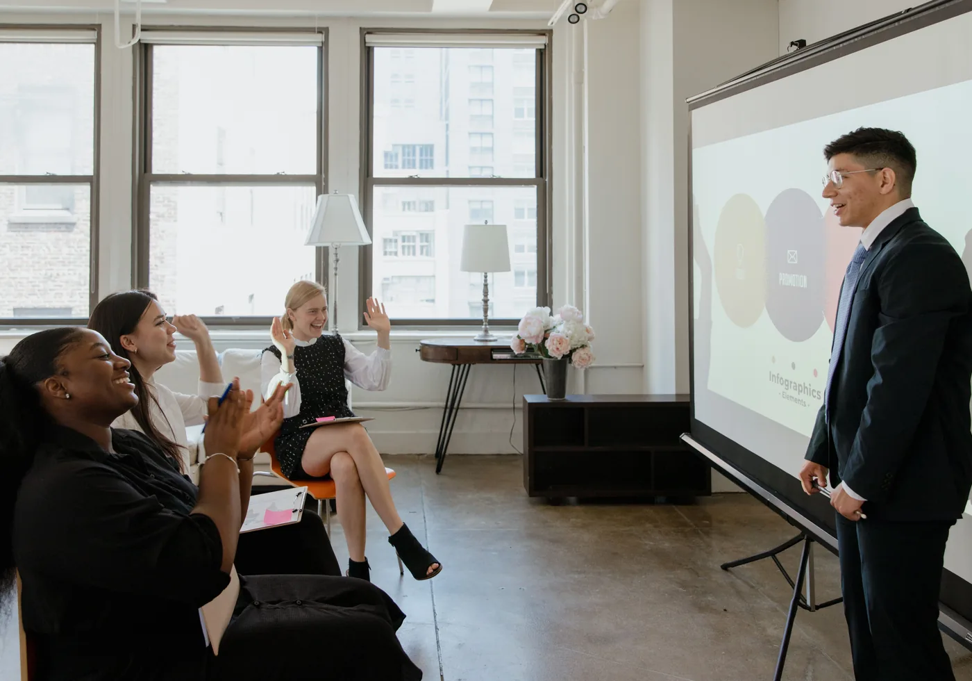 A business presentation creating an open conversation with a client team