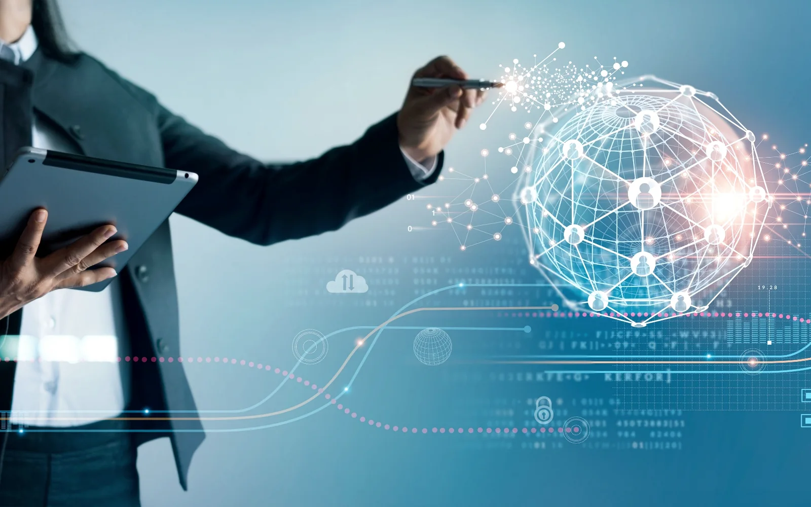 Business professional coordinating connected digital service operations