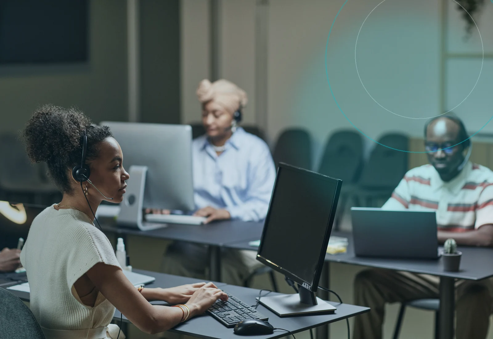Business professionals coordinating a connected telecom transaction platform