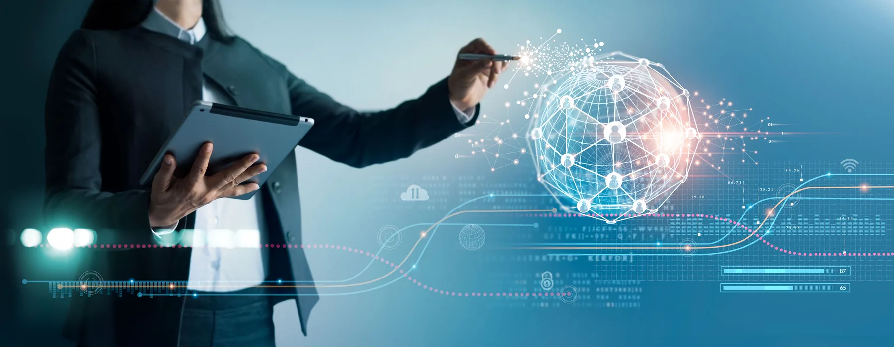 A business professional working with connected telecommunications systems